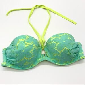Victoria's Secret Push-up Halter Bikini Lace Floral Size 36C Neon Yellow Green
